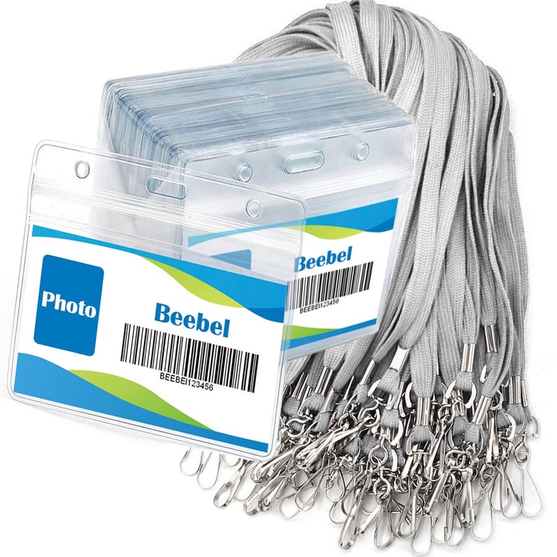 Beebel Lanyard with Waterproof ID Card Holder 50Pcs Clear Plastic Horizontal Name Tags Badge ID Card Holders and 54Pcs Lanyards with Swivel J Hook (Gray) - Image 1